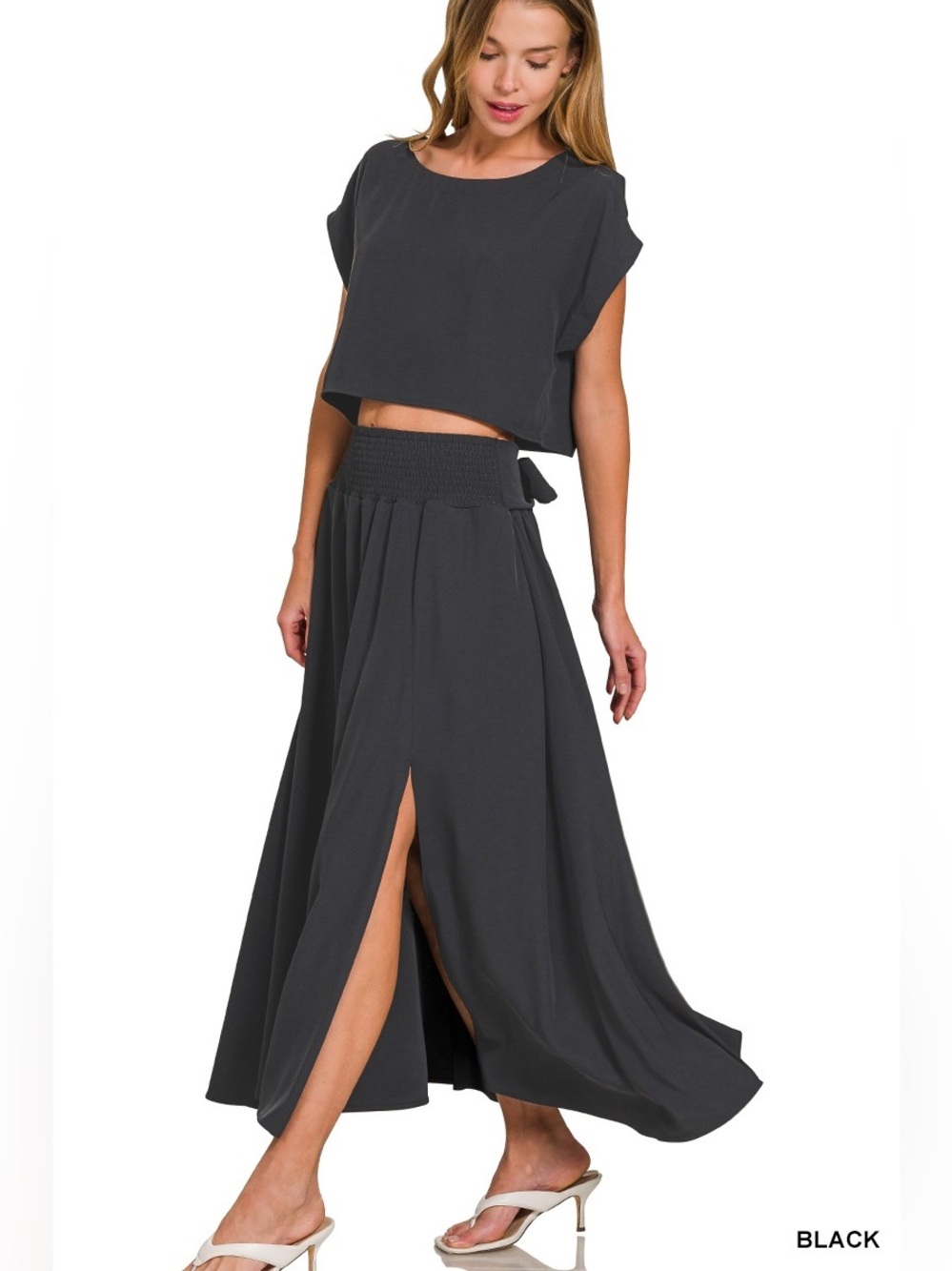 Zenana Black 2 Piece Crop Top Smocked Maxi Skirt Set Boho Resort Size M NWOT - Picture 3 of 8